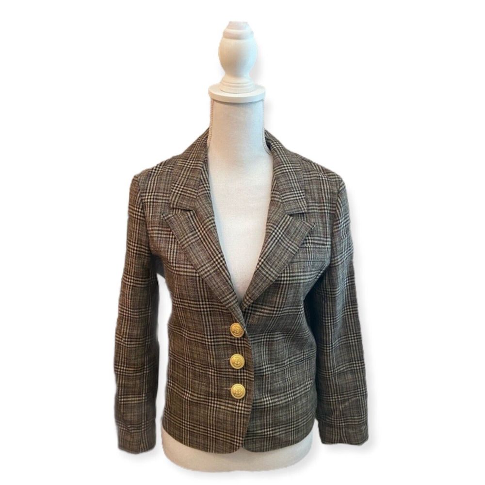 Eight Sixty Wool Houndstooth Plaid Blazer Gold Buttons Classic  Womens Medium